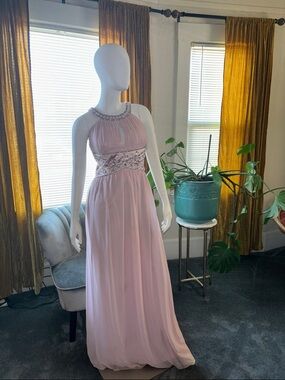 Boohoo Blush Pink Beaded Halter Prom Dress
